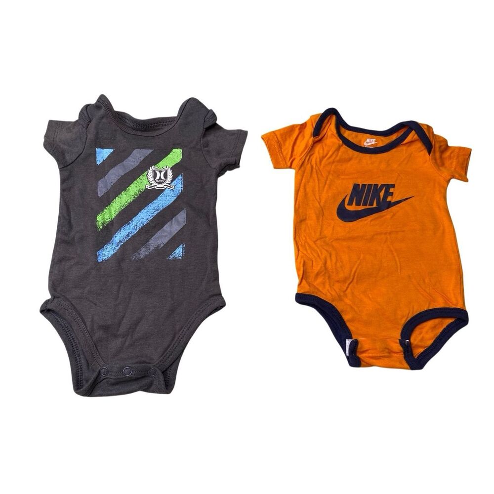 Nike Hurley Baby Bodysuit Set Orange Gray Logo Infant 0-3 Months 2 Pack Sporty